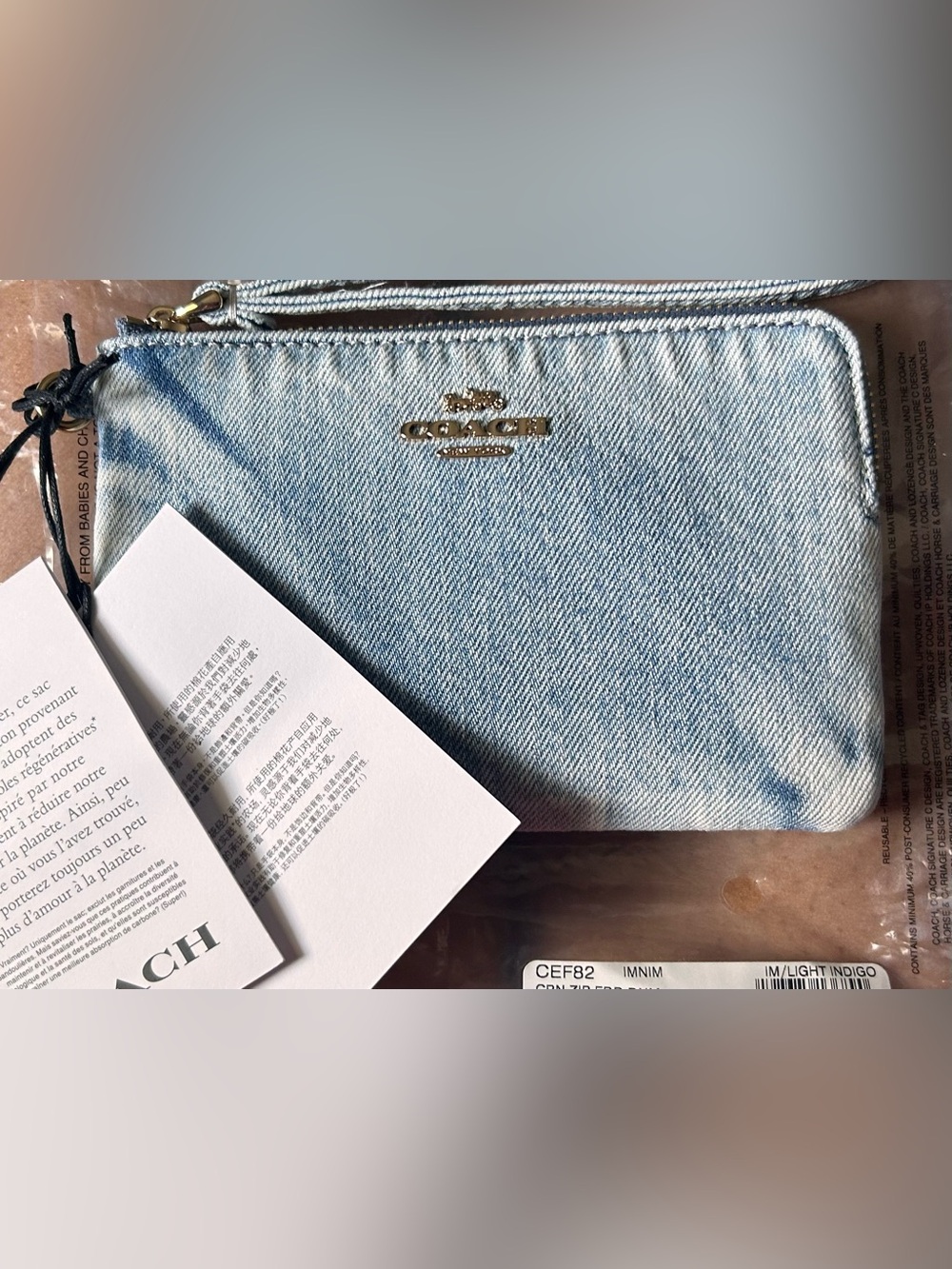 BNWT Coach Loved denim corner zip wristlet NO CHARMS